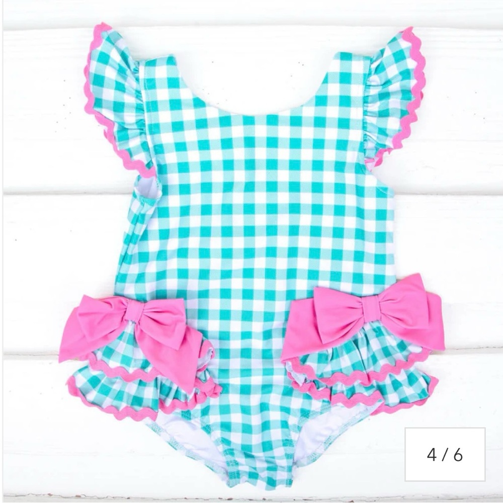 Classic Whimsy Teal Blue Green Check One Piece Swimsuit w/ Hot Pink Bows Girls 5